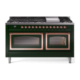 ILVE UN60FNMPEGPLP Nostalgie II Noblesse 60 inch Dual Fuel Range (9 Sealed Burners + Griddle, Liquid Propane, Triple Glass Door, Emerald Green, Copper)