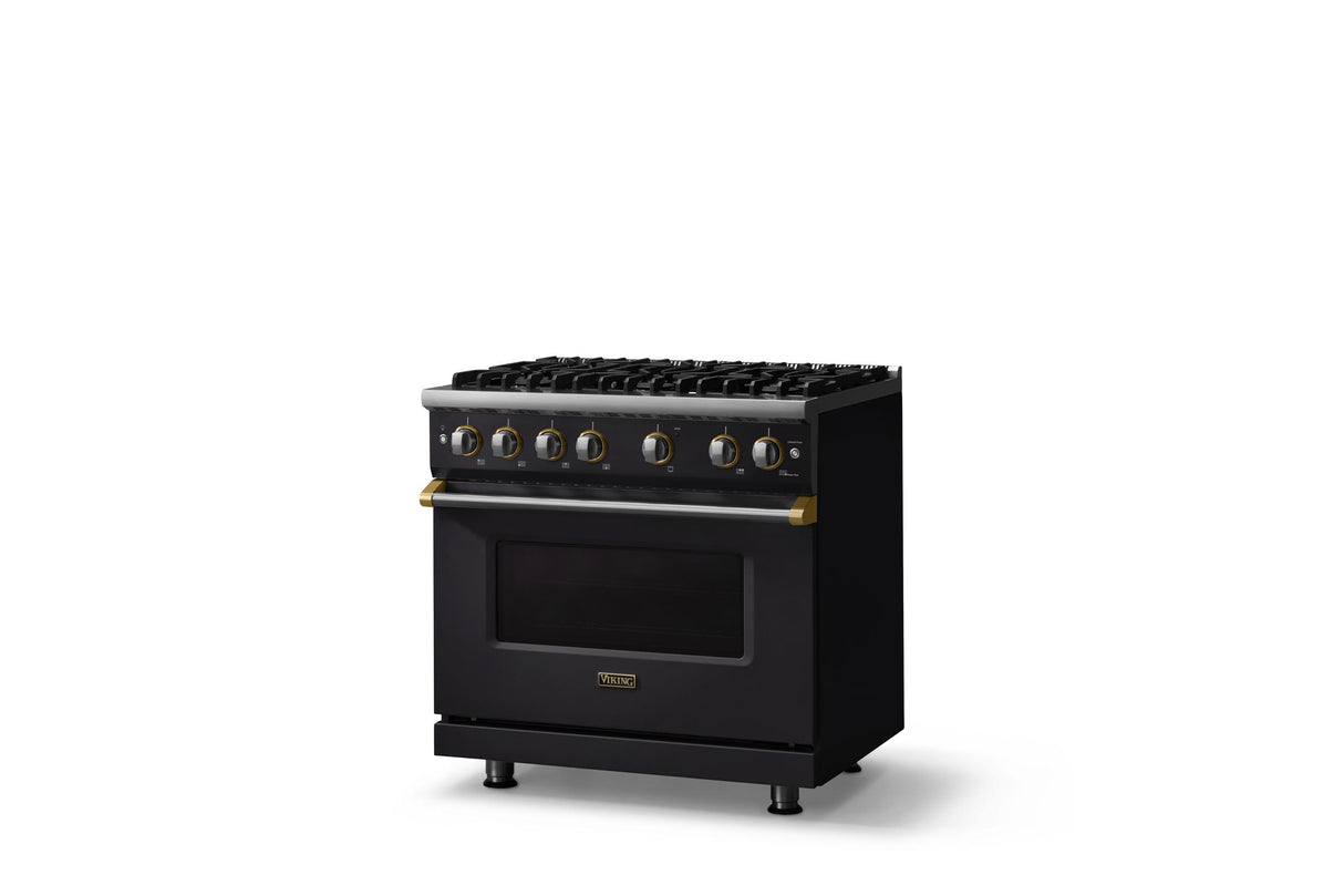 36"W. Sealed Burner Gas Range (Burner: 6b, Finish: Onyx, Trim: Brushed Brass, Fuel: Propane)