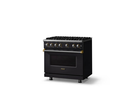 36"W. Sealed Burner Gas Range (Burner: 6b, Finish: Onyx, Trim: Brushed Brass, Fuel: Natural Gas)