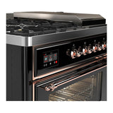 ILVE UM48FSNR3BKPLP Majestic III 48 inch Dual Fuel Range with 5 Black Brass Burners, Griddle and French Top, Dual Function Burner up to 25,000 BTU (Liquid Propane, Triple Glass Door, Glossy Black, Copper)