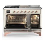 ILVE UM48FSNR3AWPLP Majestic III 48 inch Dual Fuel Range with 5 Black Brass Burners, Griddle and French Top, Dual Function Burner up to 25,000 BTU (Liquid Propane, Triple Glass Door, Antique White, Copper)