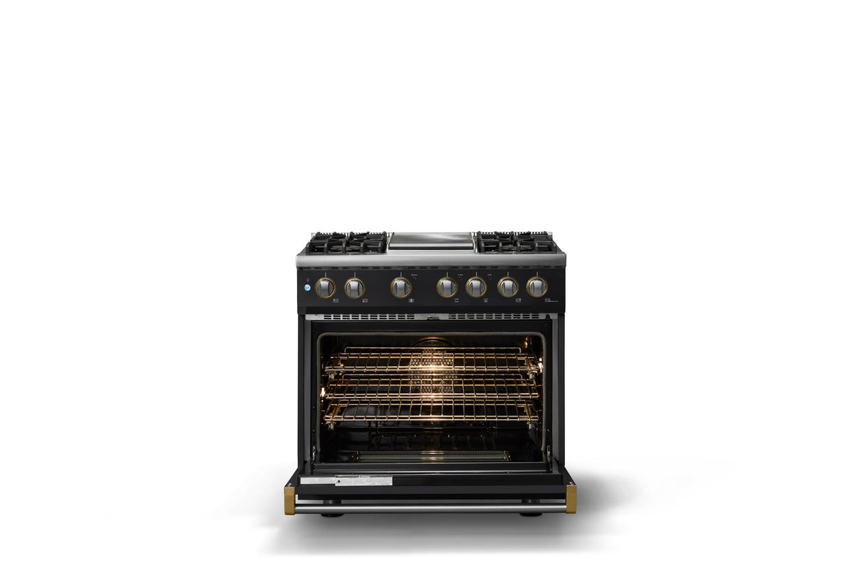 36"W. Dual Fuel Range (Burner: 4g, Finish: Onyx, Trim: Brushed Brass, Fuel: Natural Gas)