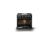 36"W. Dual Fuel Range (Burner: 4g, Finish: Onyx, Trim: Brushed Brass, Fuel: Natural Gas)