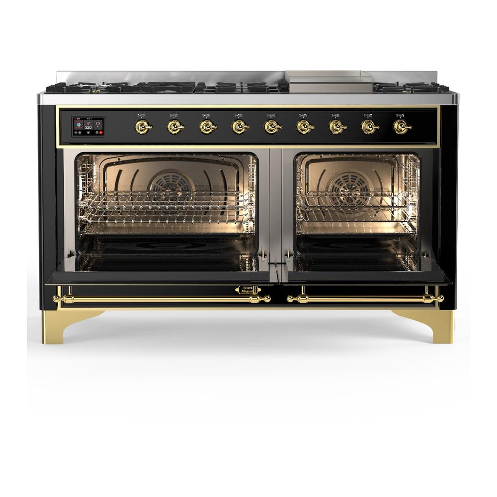 ILVE UM60FQNR3BKG Majestic III 60 inch Dual Fuel Range with 9 Burners and Griddle, Dual Function Burner up to 25,000 BTU (Natural Gas, Solid Door, Glossy Black, Brass)