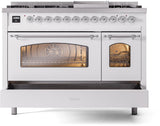 Nostalgie II 48 Inch Dual Fuel Liquid Propane Freestanding Range in White with Chrome Trim