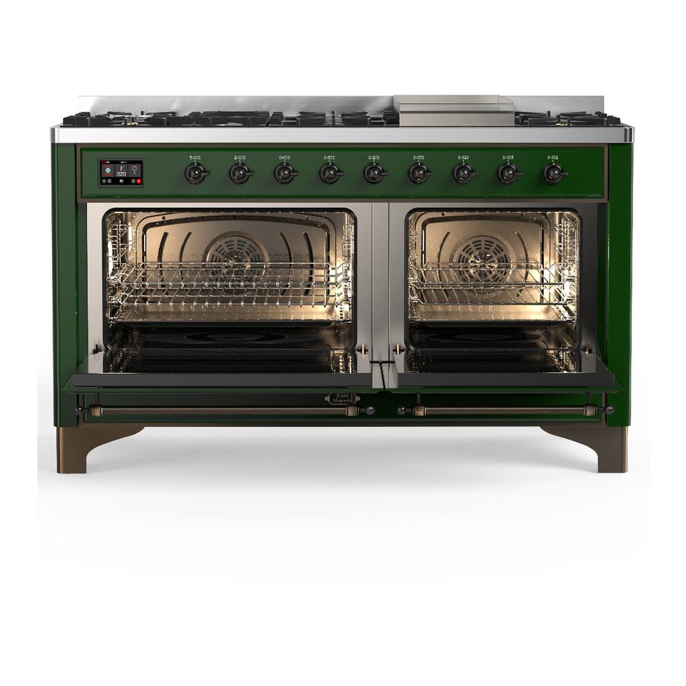 ILVE UM60FNR3EGB Majestic III 60 inch Dual Fuel Range with 9 Burners and Griddle, Dual Function Burner up to 25,000 BTU (Natural Gas, Triple Glass Door, Emerald Green, Burnished)