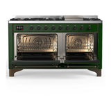 ILVE UM60FNR3EGB Majestic III 60 inch Dual Fuel Range with 9 Burners and Griddle, Dual Function Burner up to 25,000 BTU (Natural Gas, Triple Glass Door, Emerald Green, Burnished)