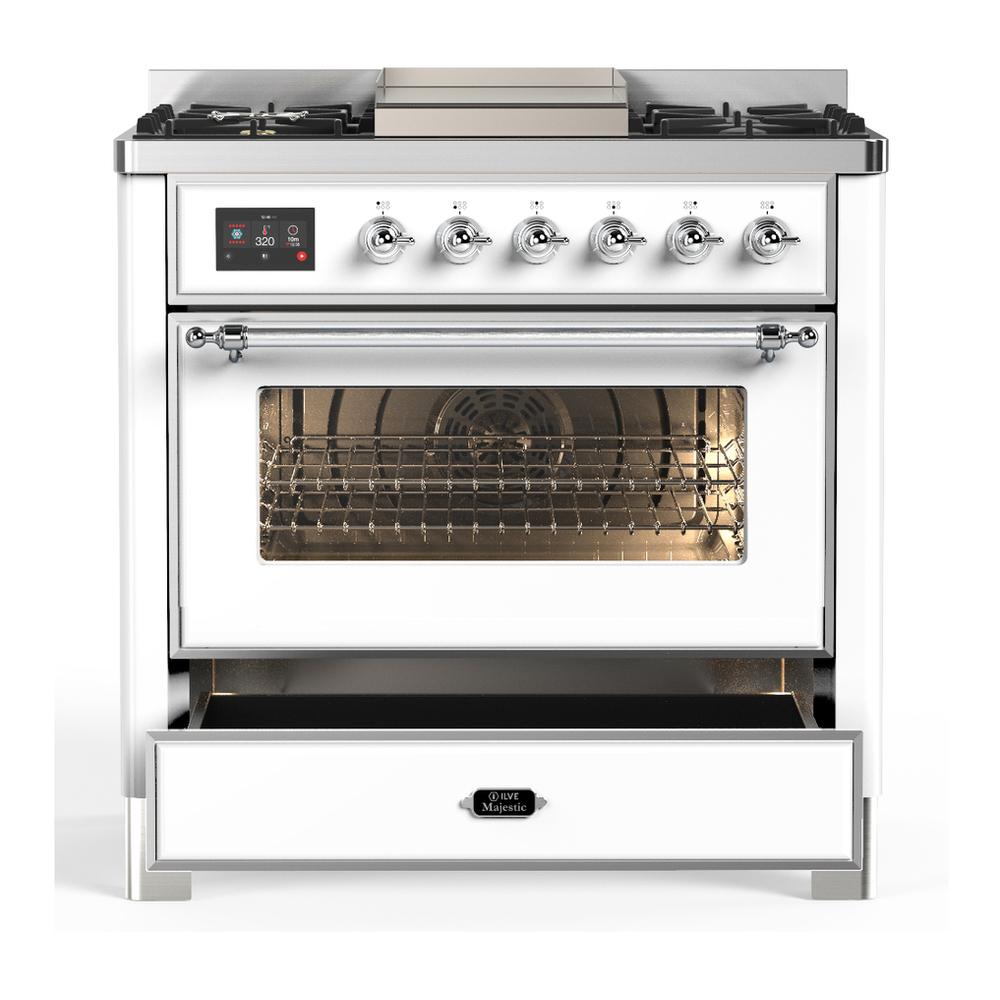 ILVE UM36FNR3WHC Majestic III 36 inch Dual Fuel Range with 6 Black Brass Burners and Griddle, Dual Function Burner up to 25,000 BTU (Triple Glass Door, White, Chrome, Natural Gas)