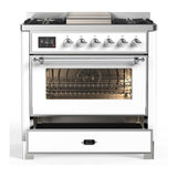 ILVE UM36FNR3WHC Majestic III 36 inch Dual Fuel Range with 6 Black Brass Burners and Griddle, Dual Function Burner up to 25,000 BTU (Triple Glass Door, White, Chrome, Natural Gas)