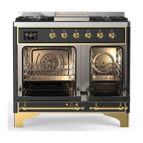 ILVE UMD40FQNR3MGGLP Majestic III 40 inch Dual Fuel Range with 6 Burners and Griddle, Dual Function Burner up to 25,000 BTU (Liquid Propane, Solid Door, Graphite Matte, Brass)
