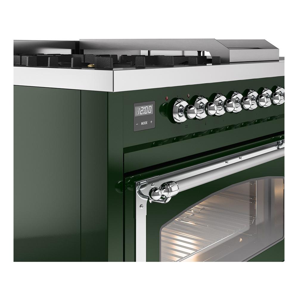 ILVE UN48FSNMPEGCLP Nostalgie II Noblesse 48 inch Dual Fuel Range (5 Sealed Burners + Griddle + French Top, Liquid Propane, Triple Glass Door, Emerald Green, Chrome)