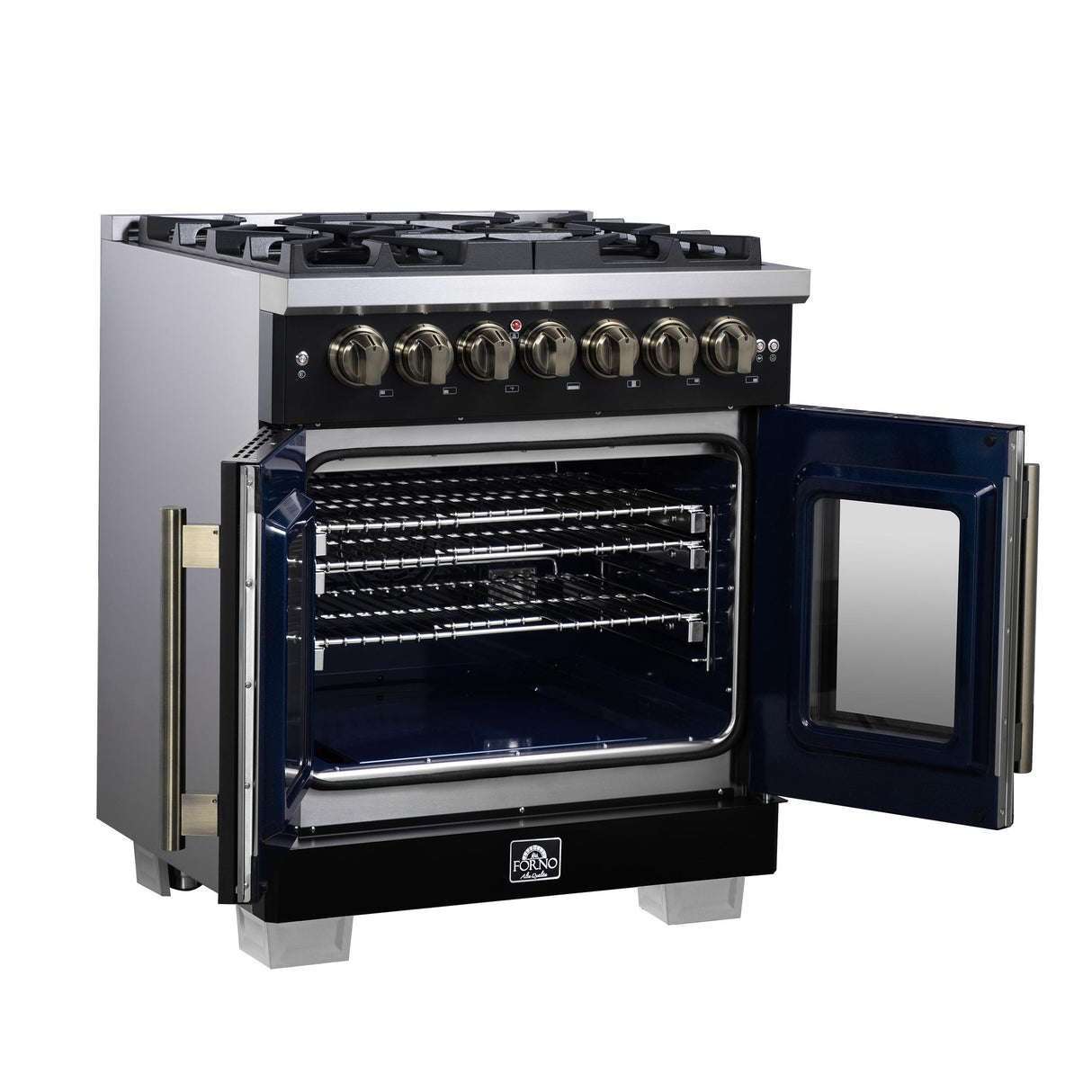 Forno Capriasca 30 Inch Freestanding French Door Dual Fuel Range in Black with Antique Brass Accessories, 5 Burners, True Convection Oven