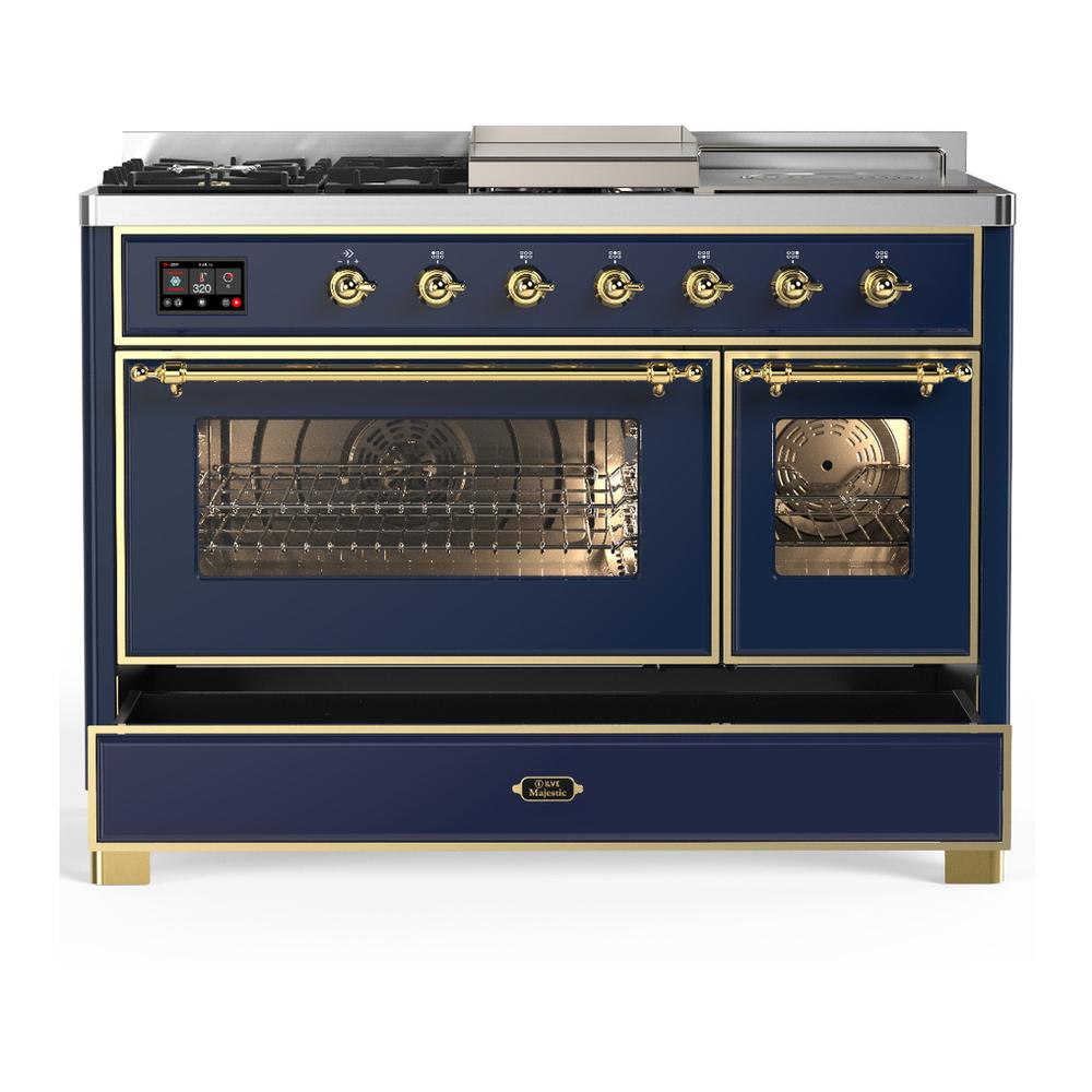 ILVE UM48FSNR3MBG Majestic III 48 inch Dual Fuel Range with 5 Black Brass Burners, Griddle and French Top, Dual Function Burner up to 25,000 BTU (Natural Gas, Triple Glass Door, Midnight Blue, Brass)