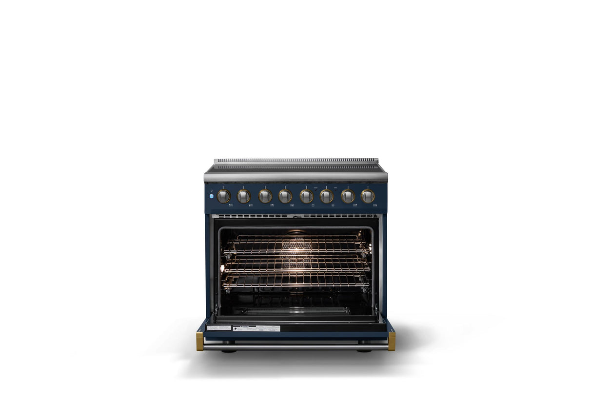 36"W. Induction Range (Finish: Slate Blue, Trim: Brushed Brass)