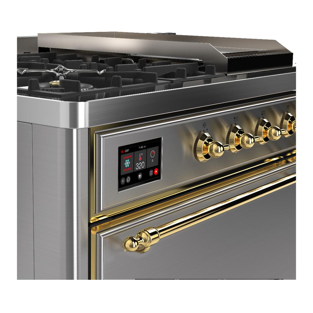 ILVE UM48FSQNR3SSGLP Majestic III 48 inch Dual Fuel Range with 5 Black Brass Burners, Griddle and French Top, Dual Function Burner up to 25,000 BTU (Liquid Propane, Solid Door, Stainless Steel, Brass)