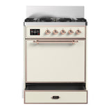 ILVE UM30QNR3AWPLP Majestic III 30 inch Dual Fuel Range with 5 Black Brass Burners, Dual Function Burner up to 25,000 BTU (Liquid Propane, Solid Door, Antique White, Copper)