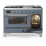 ILVE UM48FNR3BGCLP Majestic III 48 inch Dual Fuel Range with 8 Burners and Griddle, Dual Function Burner up to 25,000 BTU (Liquid Propane, Triple Glass Door, Blue Grey, Chrome)