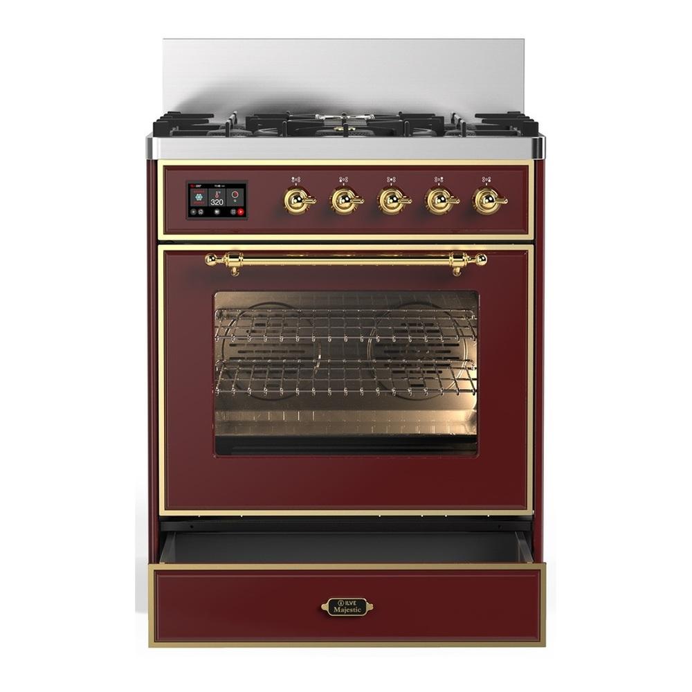 ILVE UM30NR3BUG Majestic III 30 inch Dual Fuel Range with 5 Black Brass Burners, Dual Function Burner up to 25,000 BTU (Natural Gas, Triple Glass Door, Burgundy, Brass)