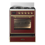ILVE UM30NR3BUG Majestic III 30 inch Dual Fuel Range with 5 Black Brass Burners, Dual Function Burner up to 25,000 BTU (Natural Gas, Triple Glass Door, Burgundy, Brass)