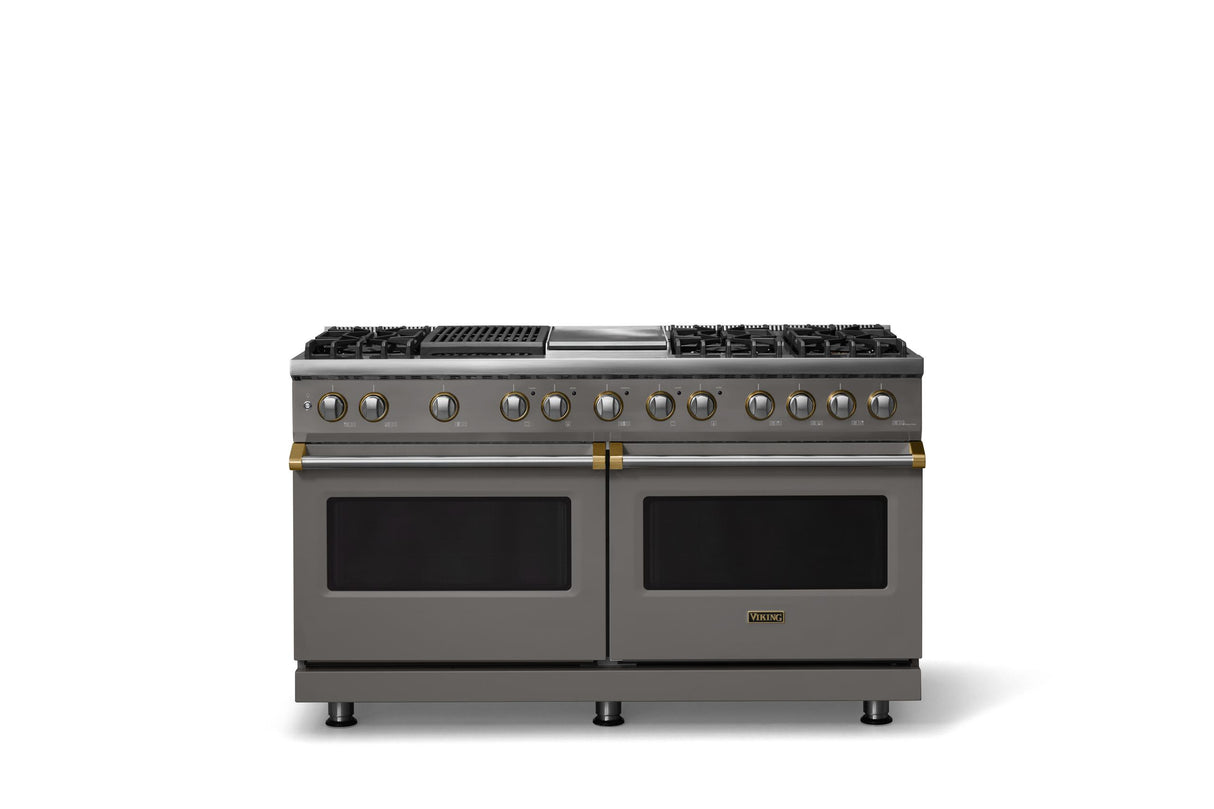 60"W.Dual Fuel Range (Finish: Damascus Gray, Trim: Brushed Brass, Fuel: Natural Gas)
