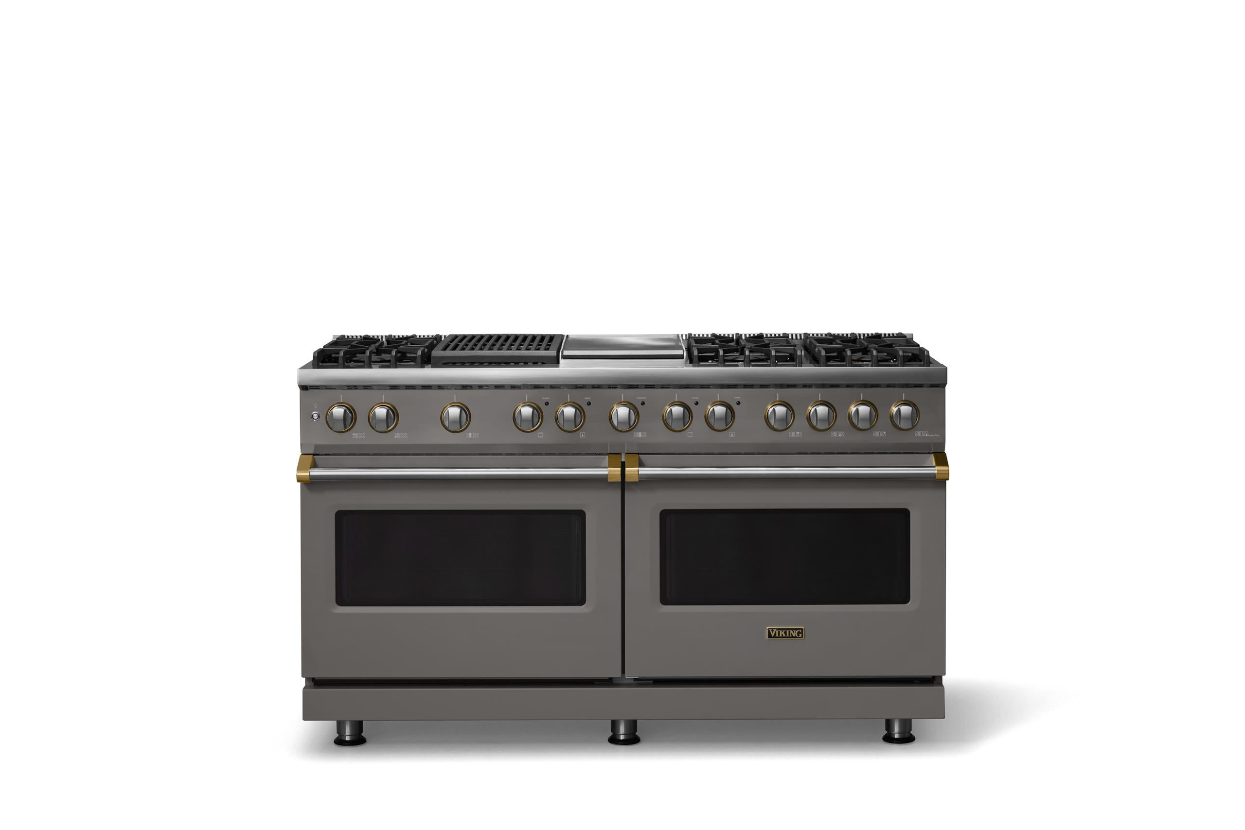 60"W.Dual Fuel Range (Finish: Damascus Gray, Trim: Brushed Brass, Fuel: Propane)