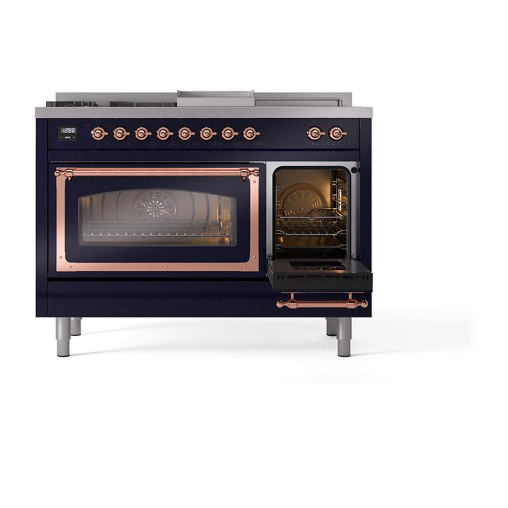 ILVE UN48FSNMPMBPLP Nostalgie II Noblesse 48 inch Dual Fuel Range (5 Sealed Burners + Griddle + French Top, Liquid Propane, Triple Glass Door, Midnight Blue, Copper)