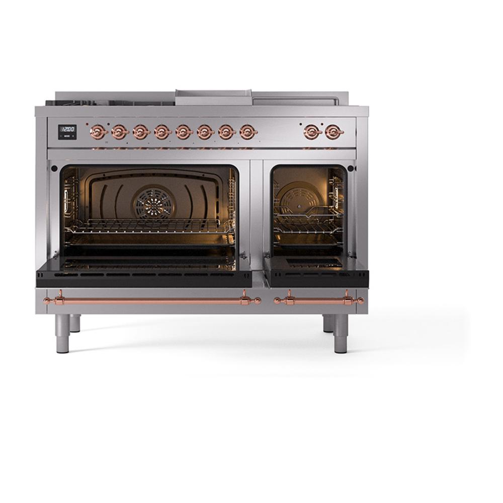 ILVE UN48FSQNMPSSP Nostalgie II Noblesse 48 inch Dual Fuel Range (5 Sealed Burners + Griddle + French Top, Natural Gas, Solid Door, Stainless Steel, Copper)
