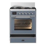 ILVE UM30NR3BGCLP Majestic III 30 inch Dual Fuel Range with 5 Black Brass Burners, Dual Function Burner up to 25,000 BTU (Liquid Propane, Triple Glass Door, Blue Grey, Chrome)