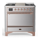 ILVE UM36FQNR3SSP Majestic III 36 inch Dual Fuel Range with 6 Black Brass Burners and Griddle, Dual Function Burner up to 25,000 BTU (Solid Door, Stainless Steel, Copper, Natural Gas)