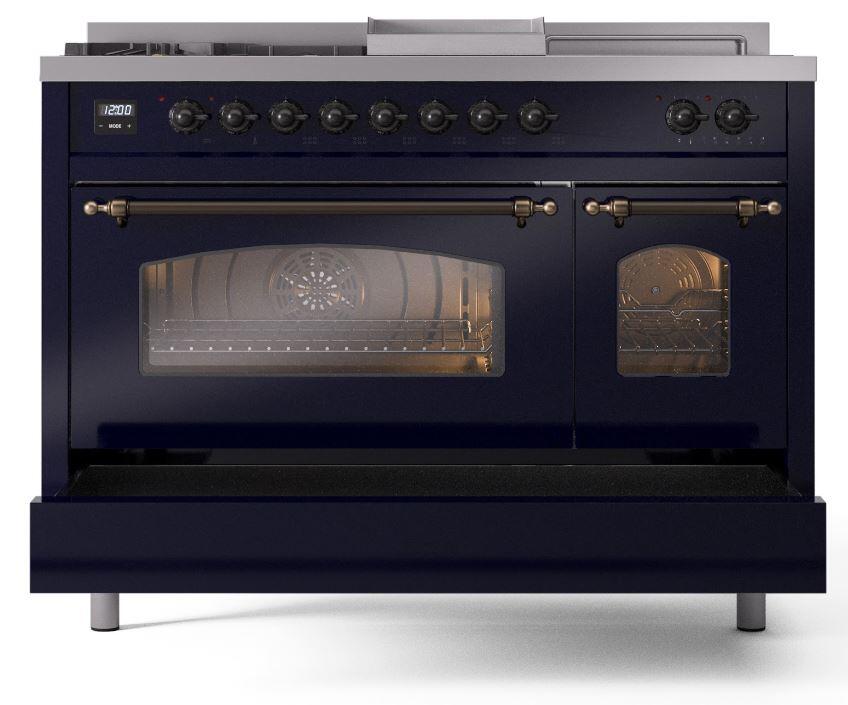 Nostalgie II 48 Inch Dual Fuel Natural Gas Freestanding Range in Blue with Bronze Trim