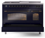 Nostalgie II 48 Inch Dual Fuel Natural Gas Freestanding Range in Blue with Bronze Trim