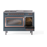 ILVE UN48FSNMPBGP Nostalgie II Noblesse 48 inch Dual Fuel Range (5 Sealed Burners + Griddle + French Top, Natural Gas, Triple Glass Door, Blue Grey, Copper)