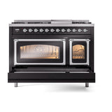 ILVE UN48FNMPBKC Nostalgie II Noblesse 48 inch Dual Fuel Range (8 Sealed Burners + Griddle, Natural Gas, Triple Glass Door, Glossy Black, Chrome)
