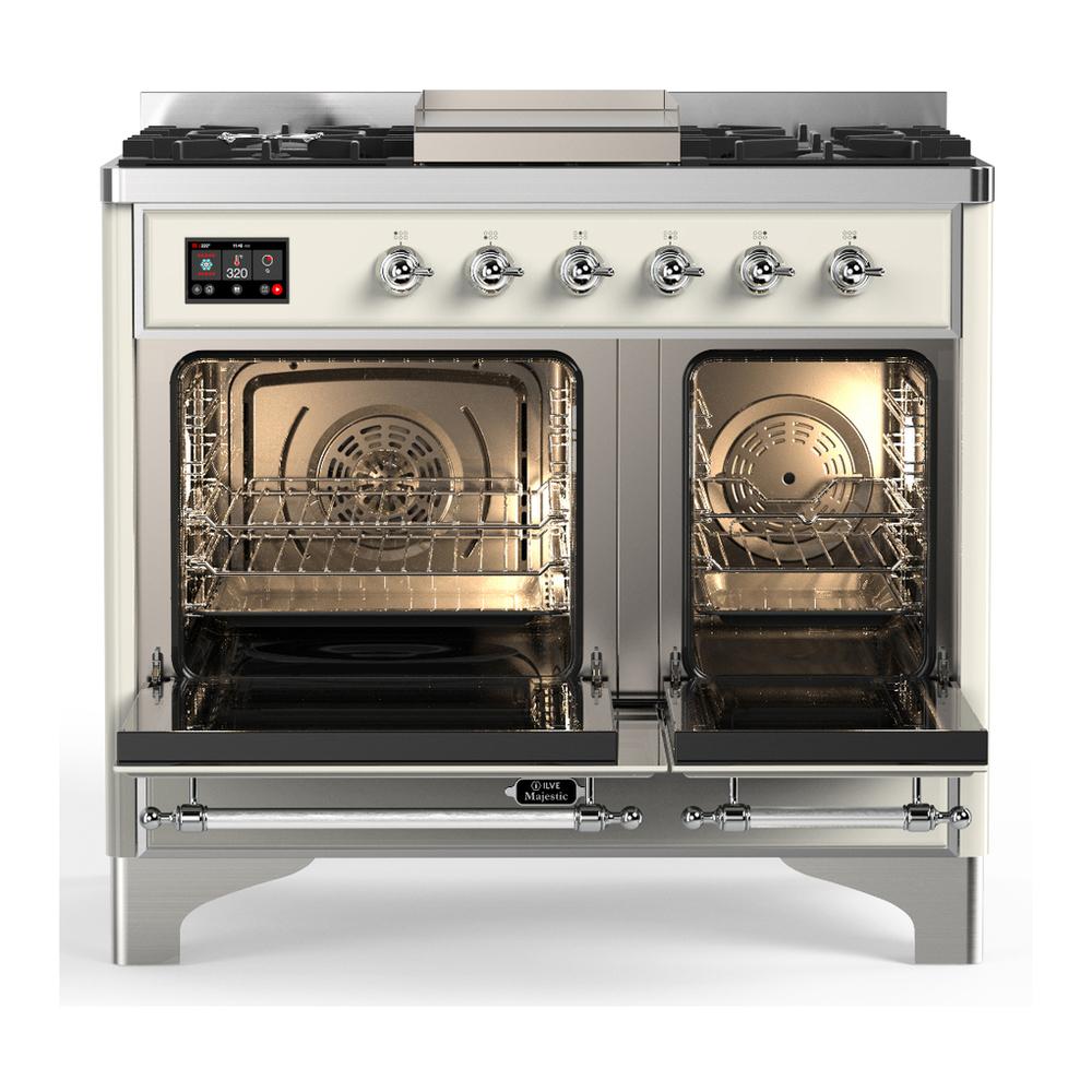ILVE UMD40FNR3AWC Majestic III 40 inch Dual Fuel Range with 6 Burners and Griddle, Dual Function Burner up to 25,000 BTU (Natural Gas, Triple Glass Door, Antique White, Chrome)