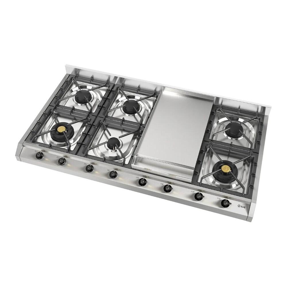 ILVE UHCP1265FNSSB Nostalgie II 48 inch Built-In Gas Cooktop with 8 Burners, Griddle, in Stainless Steel (Natural Gas, Burnished)