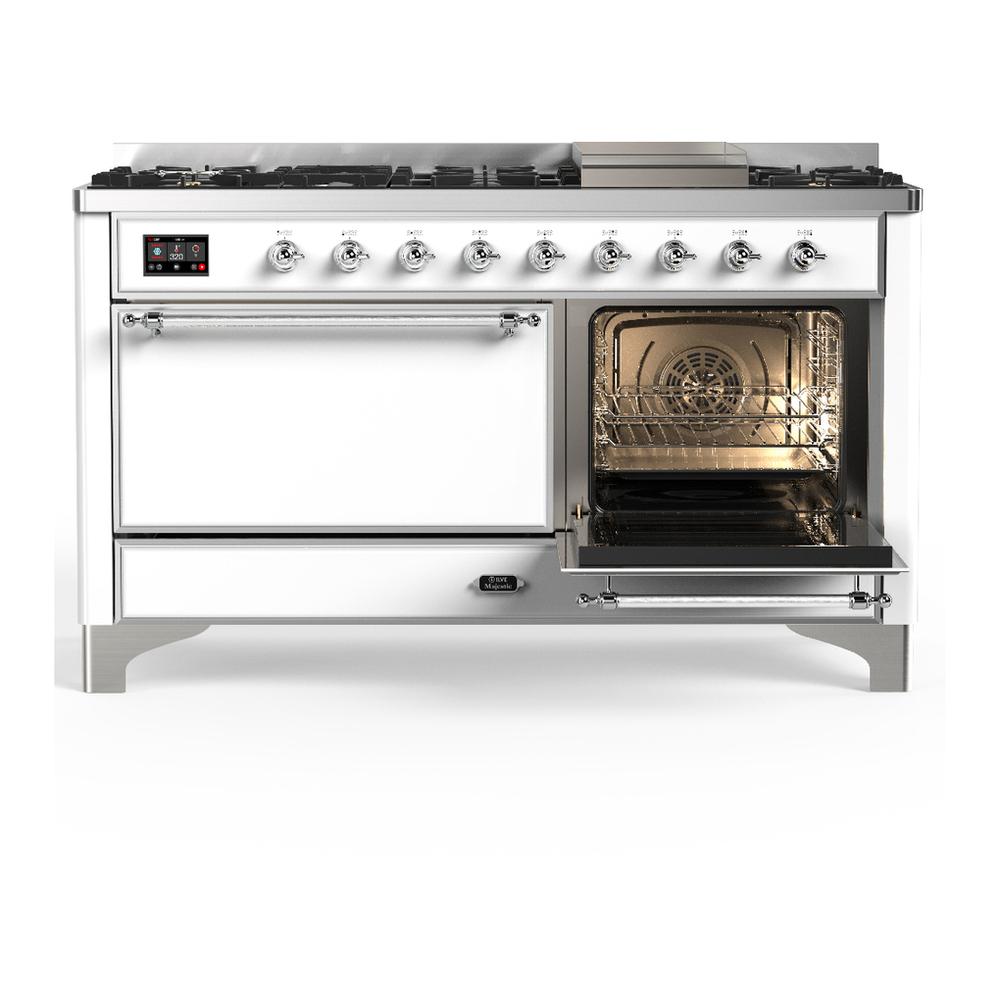 ILVE UM60FQNR3WHCLP Majestic III 60 inch Dual Fuel Range with 9 Burners and Griddle, Dual Function Burner up to 25,000 BTU (Liquid Propane, Solid Door, White, Chrome)