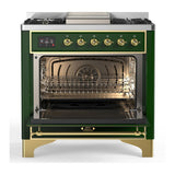 ILVE UM36FQNR3EGG Majestic III 36 inch Dual Fuel Range with 6 Black Brass Burners and Griddle, Dual Function Burner up to 25,000 BTU (Solid Door, Emerald Green, Brass, Natural Gas)