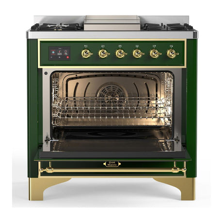 ILVE UM36FQNR3EGG Majestic III 36 inch Dual Fuel Range with 6 Black Brass Burners and Griddle, Dual Function Burner up to 25,000 BTU (Solid Door, Emerald Green, Brass, Natural Gas)