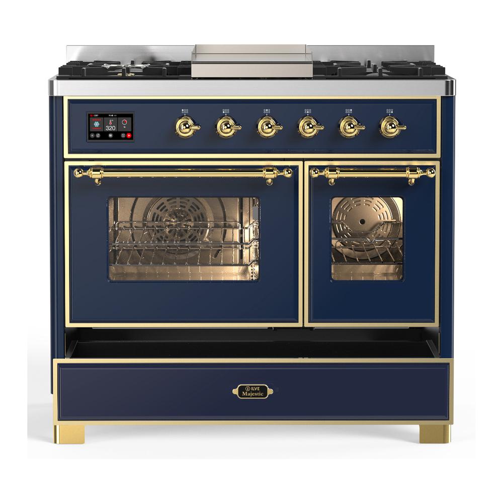 ILVE UMD40FNR3MBG Majestic III 40 inch Dual Fuel Range with 6 Burners and Griddle, Dual Function Burner up to 25,000 BTU (Natural Gas, Triple Glass Door, Midnight Blue, Brass)