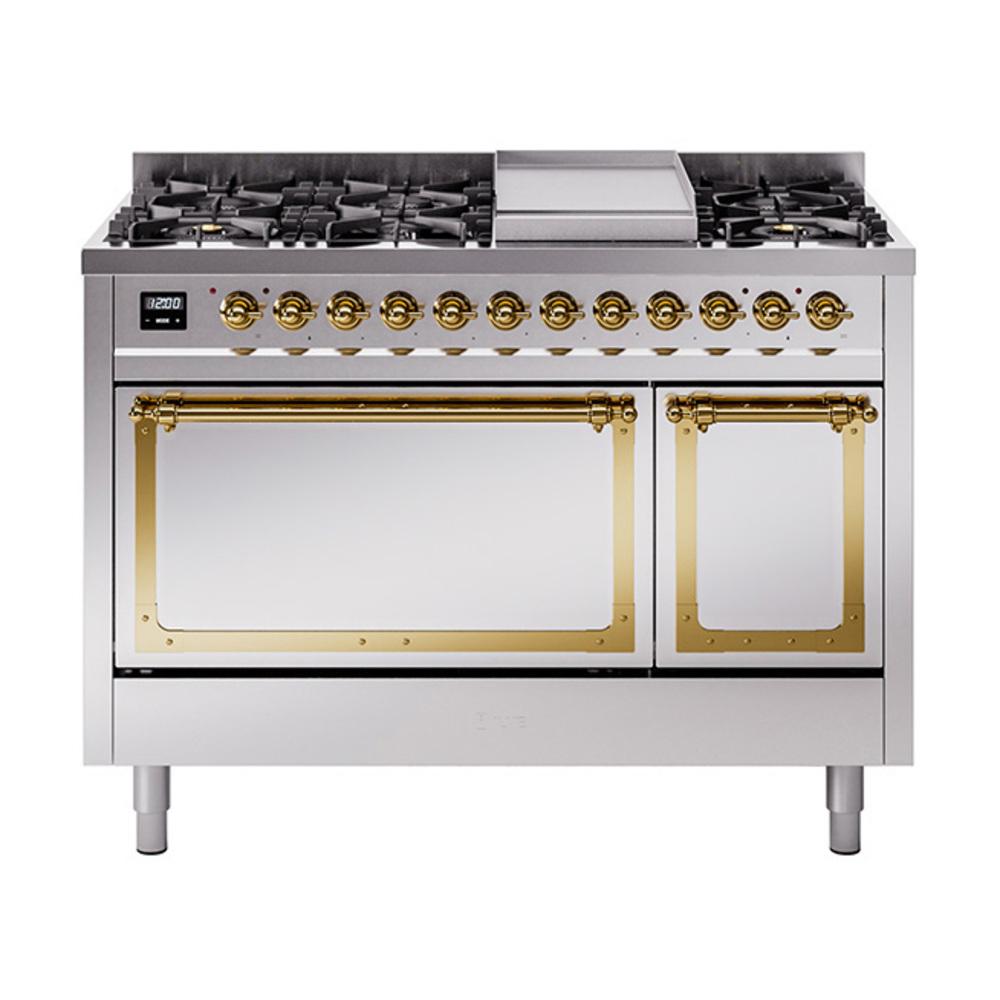 ILVE UN48FQNMPSSGLP Nostalgie II Noblesse 48 inch Dual Fuel Range (8 Sealed Burners + Griddle, Liquid Propane, Solid Door, Stainless Steel, Brass)