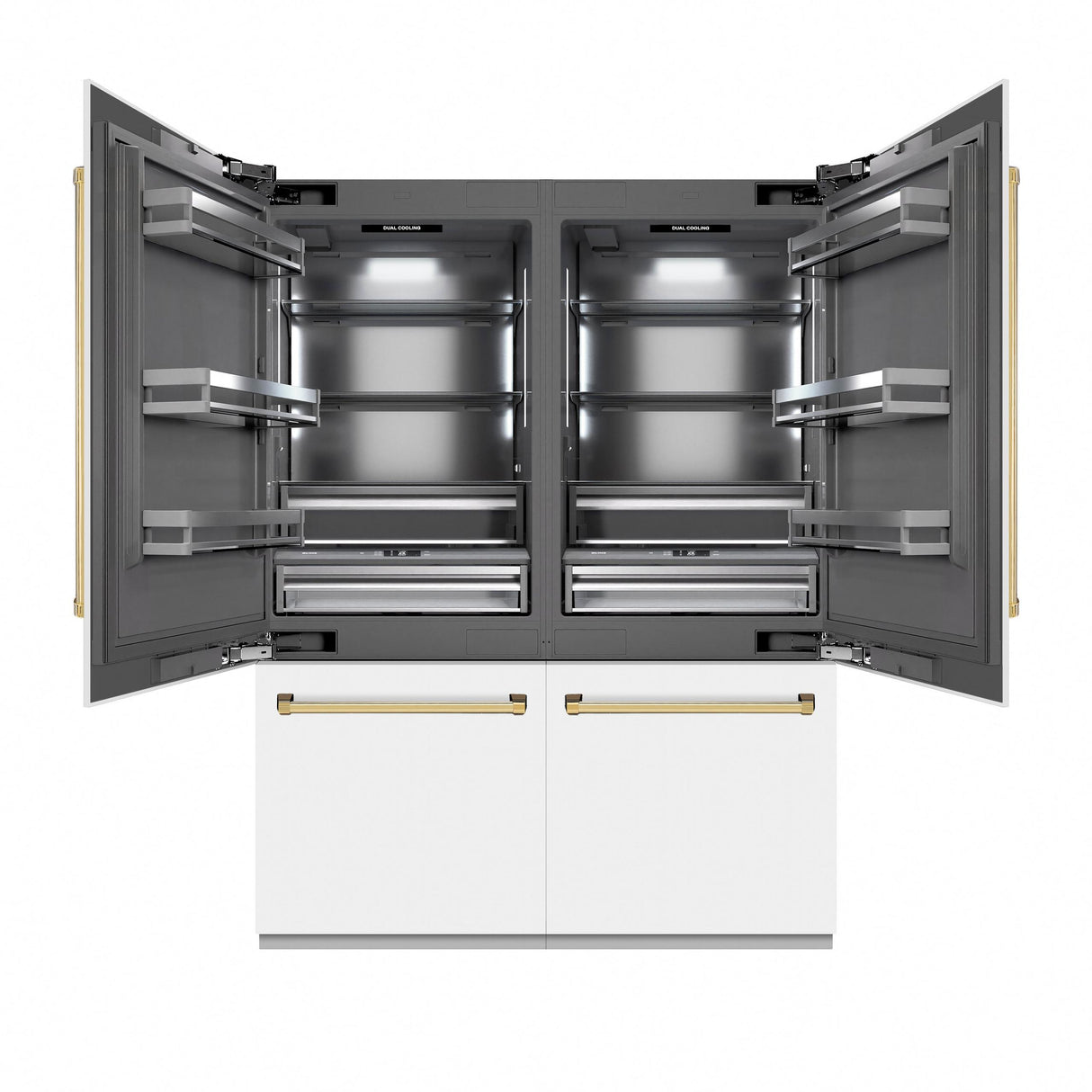 ZLINE Autograph Edition 60 in. 32.2 cu. ft. French Door Built-In Bottom Freezer Refrigerator with Water Dispenser and Ice Maker in White Matte with Graphite Gray Interior and Polished Gold Accents (GRBIVZ-WM-60-G)