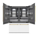 ZLINE Autograph Edition 60 in. 32.2 cu. ft. French Door Built-In Bottom Freezer Refrigerator with Water Dispenser and Ice Maker in White Matte with Graphite Gray Interior and Polished Gold Accents (GRBIVZ-WM-60-G)