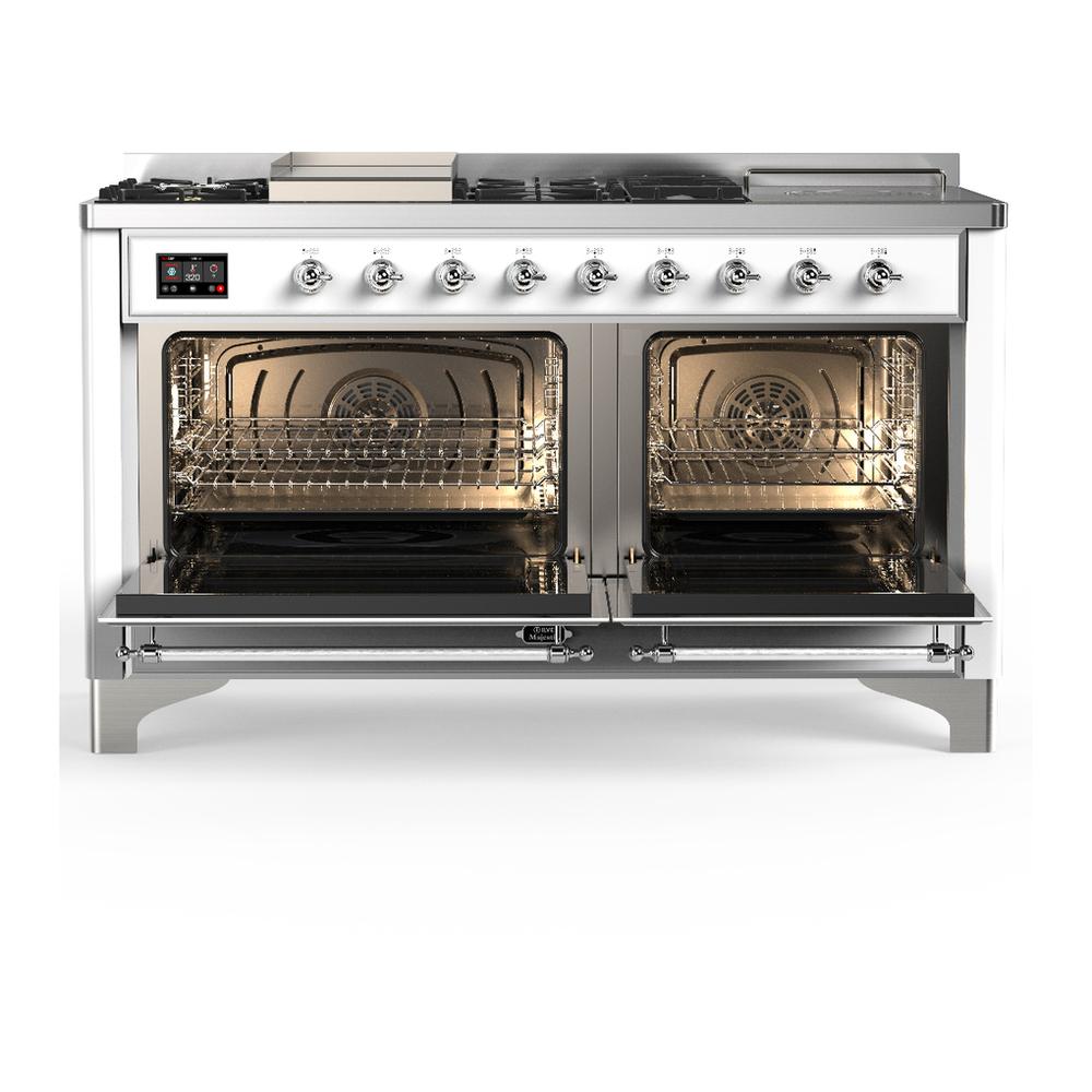 ILVE UM60FSQNR3WHCLP Majestic III 60 inch Dual Fuel Range with 7 Burners, Griddle and French Top, Dual Function Burner with up to 25,000 BTU (Liquid Propane, Solid Door, White, Chrome)