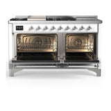 ILVE UM60FSQNR3WHCLP Majestic III 60 inch Dual Fuel Range with 7 Burners, Griddle and French Top, Dual Function Burner with up to 25,000 BTU (Liquid Propane, Solid Door, White, Chrome)
