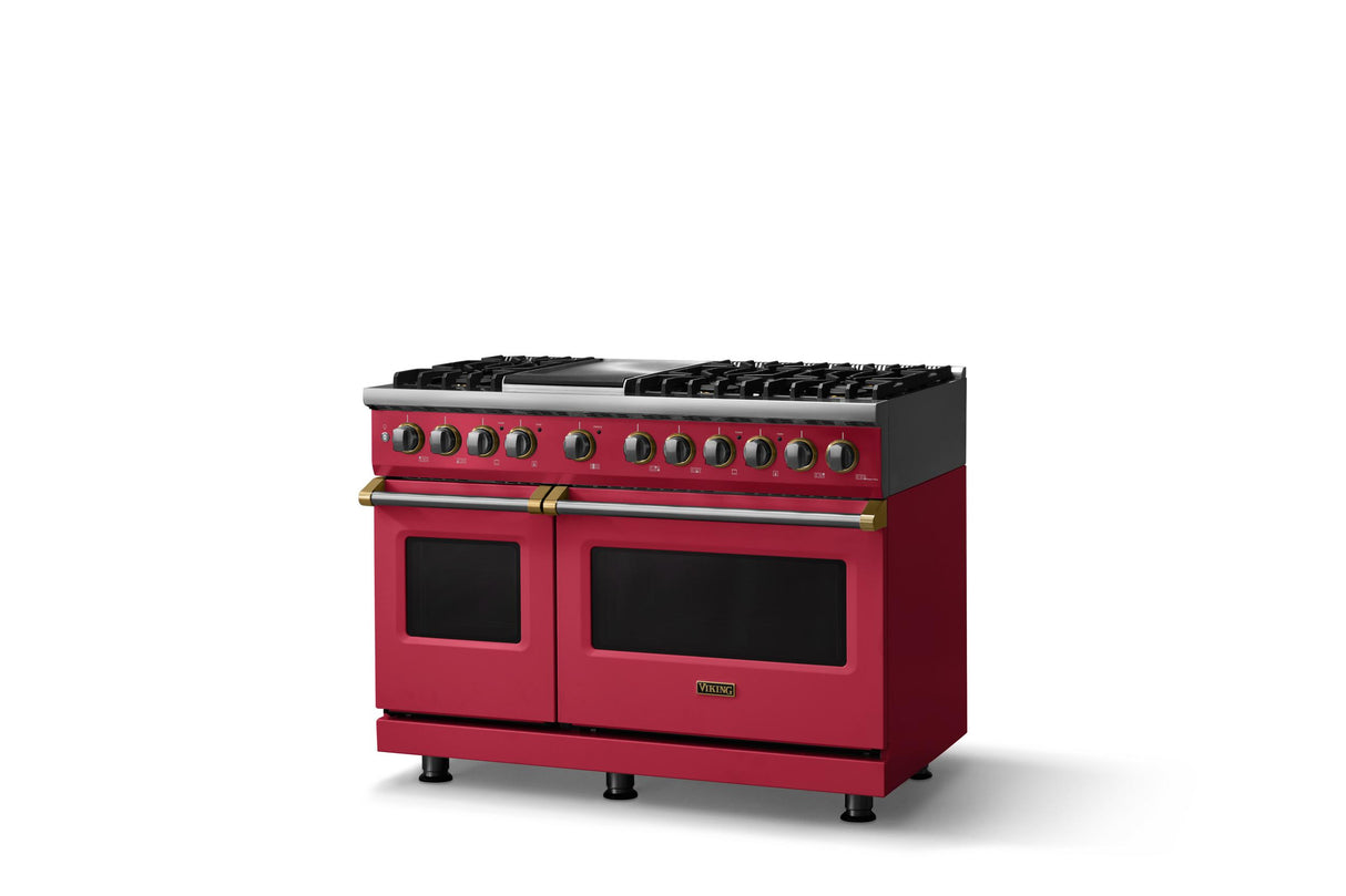 48"W. Dual Fuel Range (Burner: 6g, Finish: Valentine, Trim: Brushed Brass, Fuel: Propane)