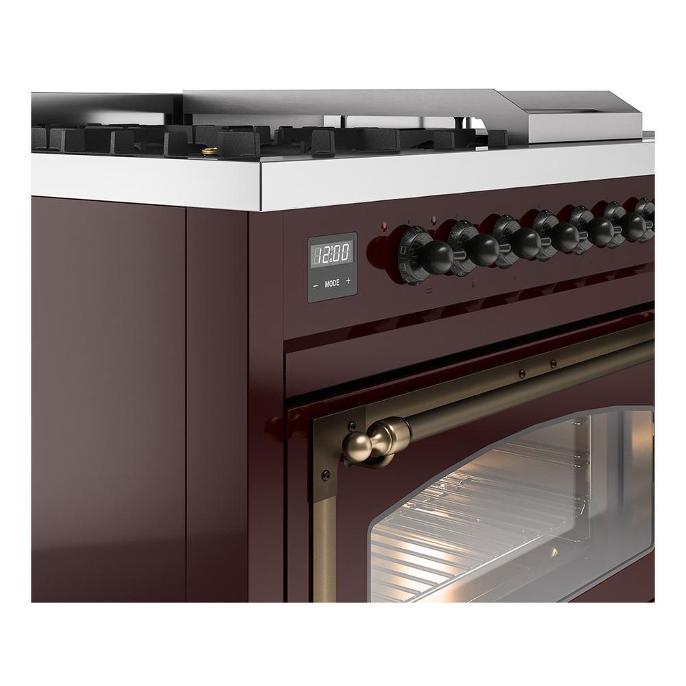 ILVE UN48FSNMPBUB Nostalgie II Noblesse 48 inch Dual Fuel Range (5 Sealed Burners + Griddle + French Top, Natural Gas, Triple Glass Door, Burgundy, Burnished)