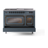 ILVE UN48FSNMPBGBLP Nostalgie II Noblesse 48 inch Dual Fuel Range (5 Sealed Burners + Griddle + French Top, Liquid Propane, Triple Glass Door, Blue Grey, Burnished)