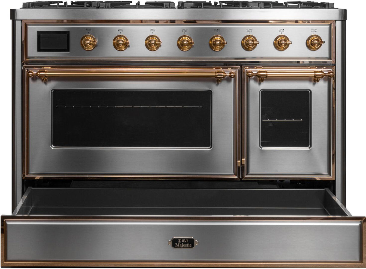 Majestic II 48 Inch Dual Fuel Liquid Propane Freestanding Range in Stainless Steel with Brass Trim