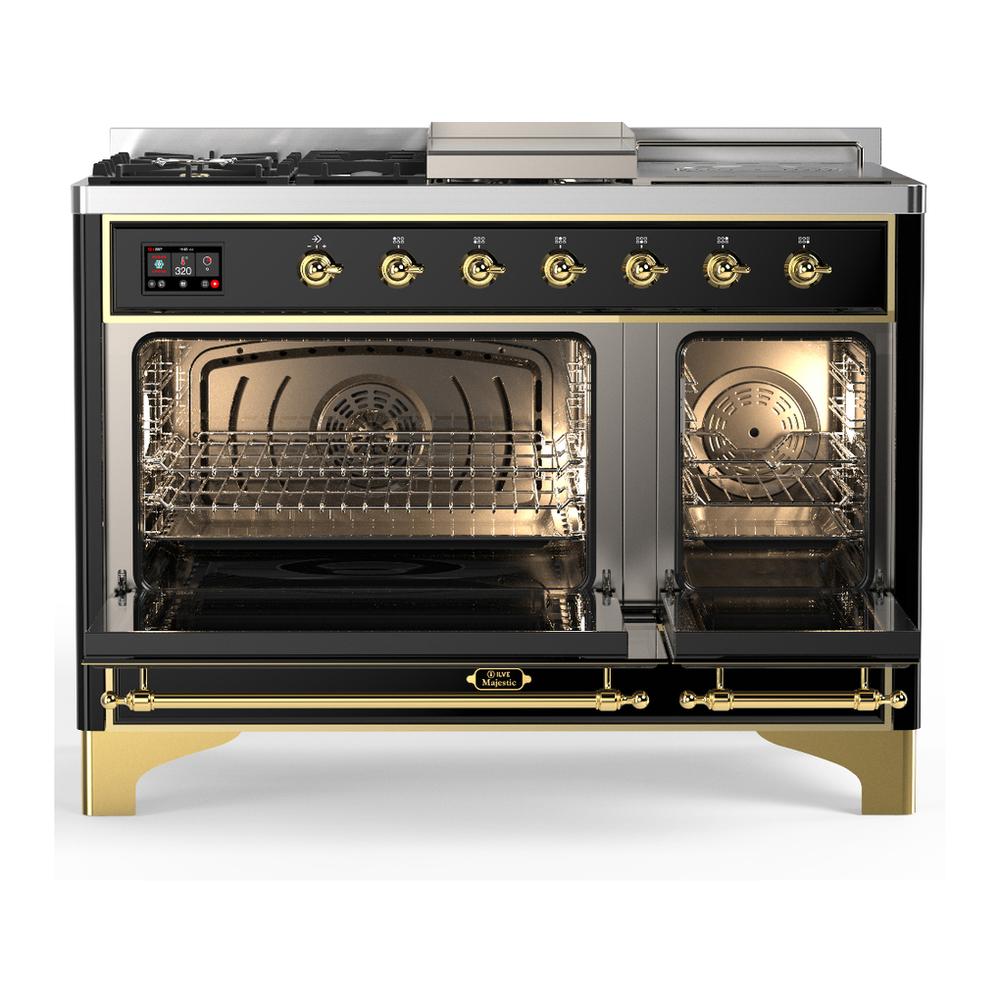 ILVE UM48FSQNR3BKG Majestic III 48 inch Dual Fuel Range with 5 Black Brass Burners, Griddle and French Top, Dual Function Burner up to 25,000 BTU (Natural Gas, Solid Door, Glossy Black, Brass)