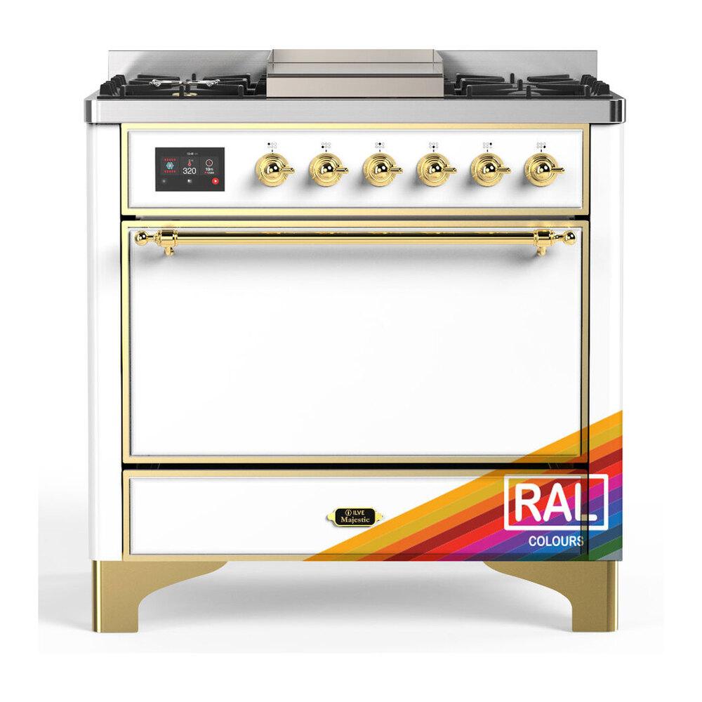 ILVE UM36FQNR3RAGLP Majestic III 36 inch Dual Fuel Range with 6 Black Brass Burners and Griddle, Dual Function Burner up to 25,000 BTU (Solid Door, RAL, Brass, Liquid Propane)